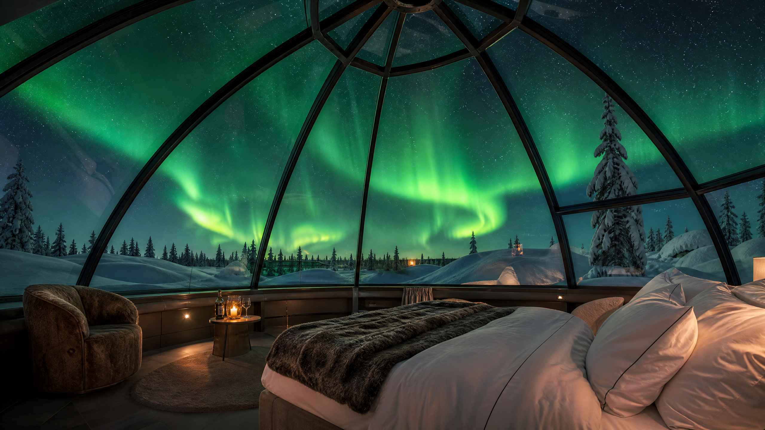 北欧极地玻璃穹顶小屋在极光下的梦幻夜景